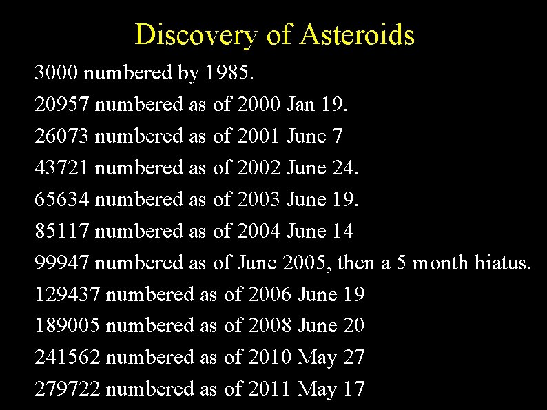 Discovery of Asteroids ● ● ● 3000 numbered by 1985. 20957 numbered as of