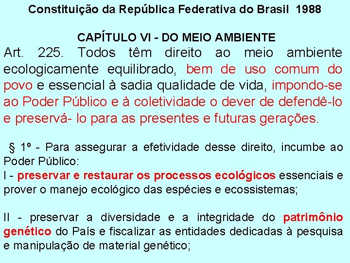 Constituição da República Federativa do Brasil 1988 CAPÍTULO VI - DO MEIO AMBIENTE Art.