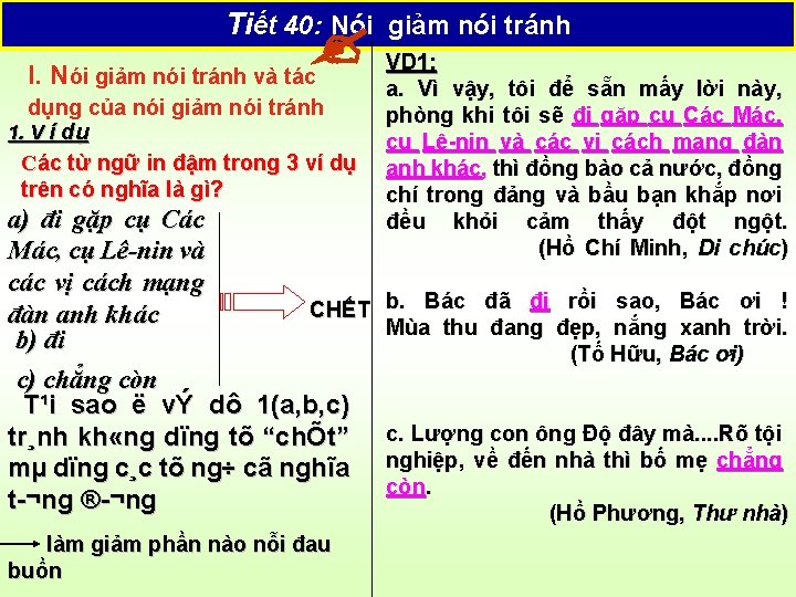 Tiết 40: Nói giảm nói tránh I. Nói giảm nói tránh và tác dụng