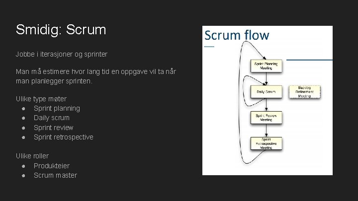 Smidig: Scrum Jobbe i iterasjoner og sprinter Man må estimere hvor lang tid en
