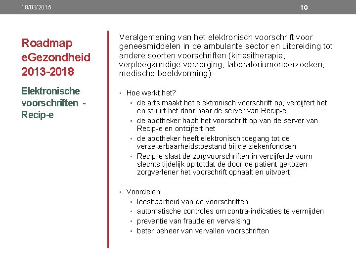 10 18/03/2015 Roadmap e. Gezondheid 2013 -2018 Elektronische voorschriften Recip-e Veralgemening van het elektronisch