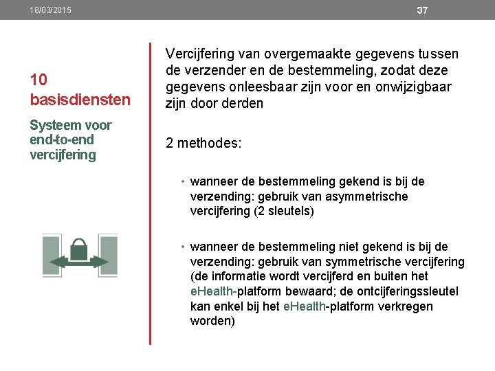 37 18/03/2015 10 basisdiensten Systeem voor end-to-end vercijfering Vercijfering van overgemaakte gegevens tussen de