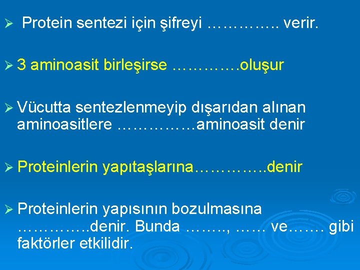 Ø Protein sentezi için şifreyi …………. . verir. Ø 3 aminoasit birleşirse …………. oluşur
