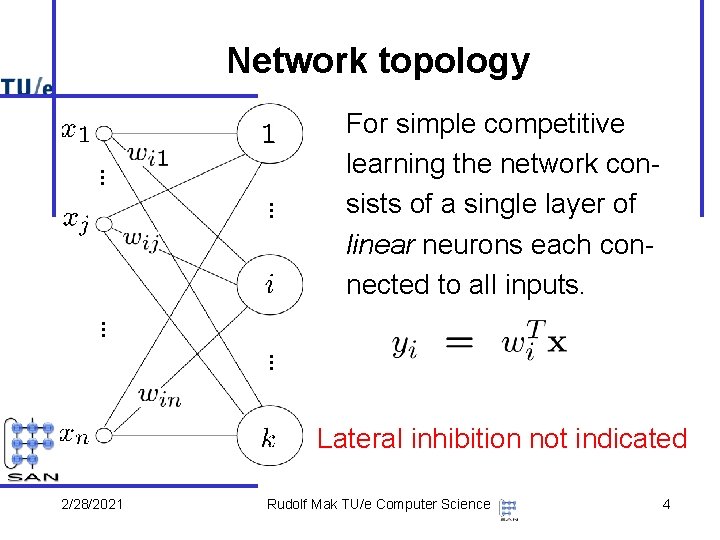 Network topology For simple competitive learning the network consists of a single layer of