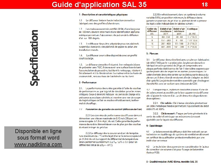 Spécification Guide d'application SAL 35 Disponible en ligne sous format word www. nadklima. com