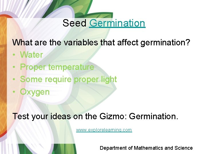 Seed Germination What are the variables that affect germination? • Water • Proper temperature