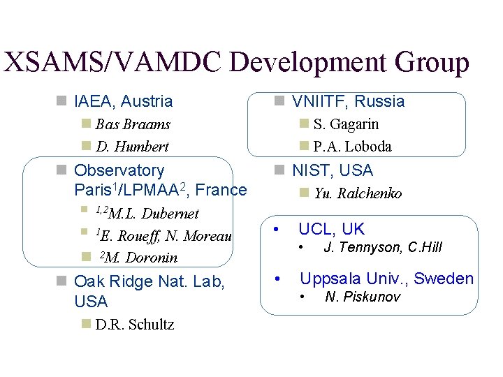 XSAMS/VAMDC Development Group IAEA, Austria VNIITF, Russia Bas Braams D. Humbert Observatory Paris 1/LPMAA