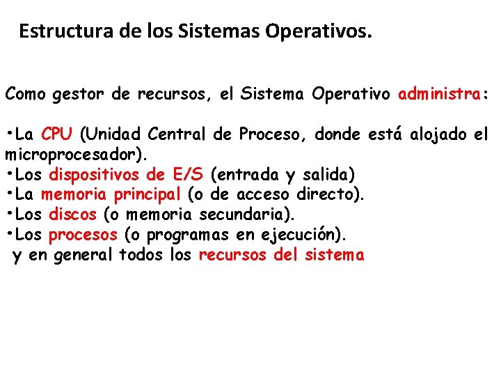 Estructura de los Sistemas Operativos. Como gestor de recursos, el Sistema Operativo administra: • Estructura de los Sistemas Operativos. Como gestor de recursos, el Sistema Operativo administra: •