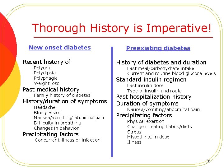 Thorough History is Imperative! New onset diabetes Preexisting diabetes Recent history of History of