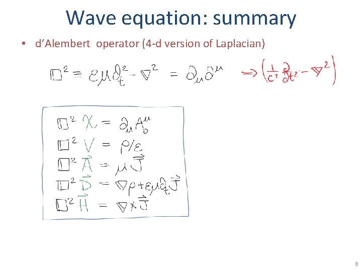 Wave equation: summary • d’Alembert operator (4 -d version of Laplacian) 8 