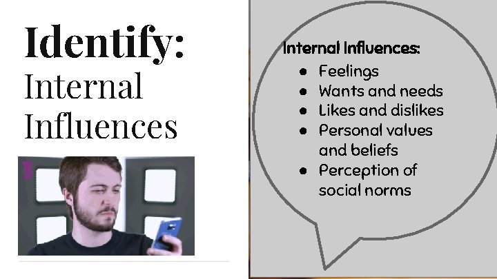 Identify: Internal Influences: ● Feelings ● Wants and needs ● Likes and dislikes ●