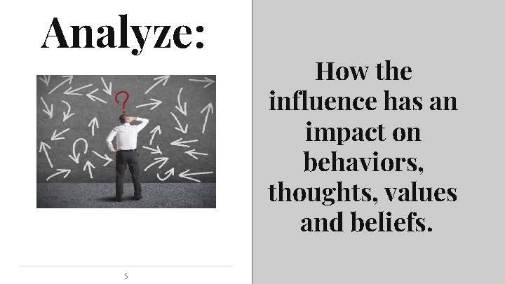 Analyze: 5 How the influence has an impact on behaviors, thoughts, values and beliefs.