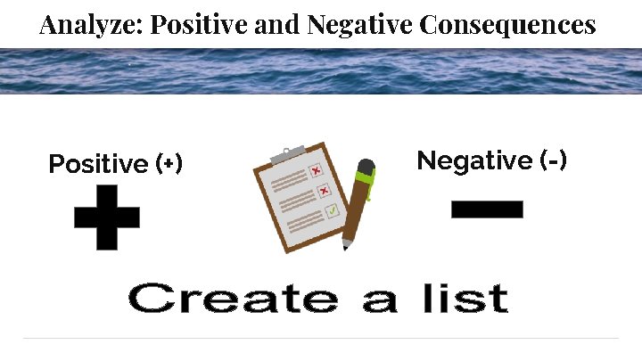 Analyze: Positive and Negative Consequences Positive (+) Negative (-) 