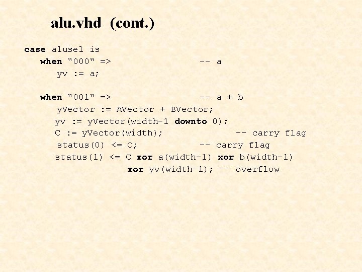 alu. vhd (cont. ) case alusel is when "000" => yv : = a;