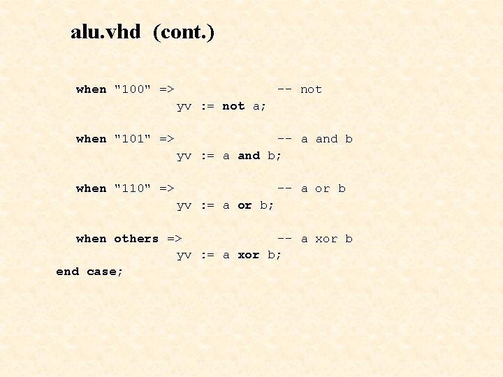 alu. vhd (cont. ) when "100" => -- not yv : = not a;