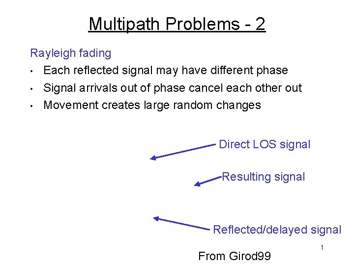 Multipath Problems - 2 Rayleigh fading • Each reflected signal may have different phase