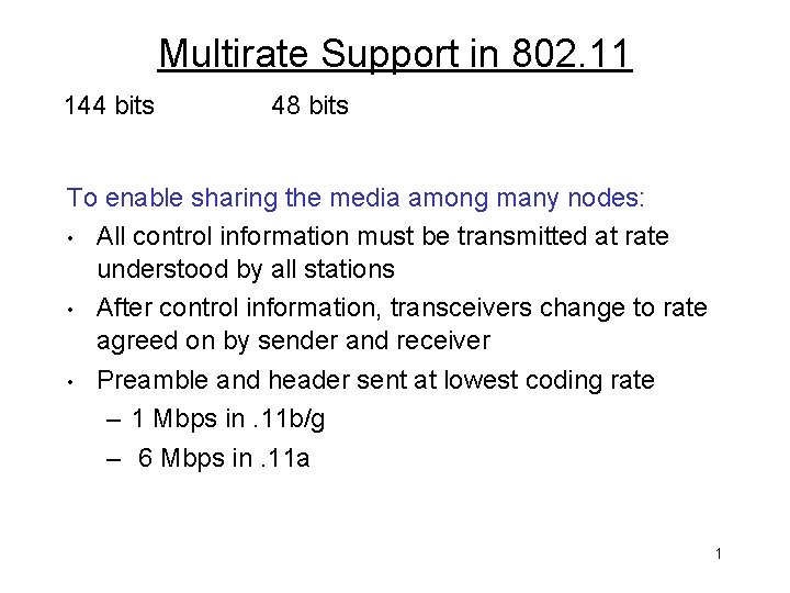 Multirate Support in 802. 11 144 bits 48 bits To enable sharing the media
