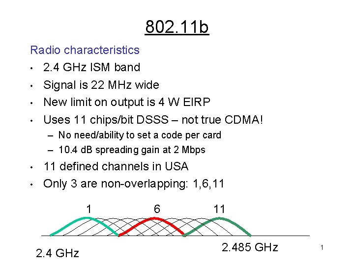 802. 11 b Radio characteristics • 2. 4 GHz ISM band • Signal is