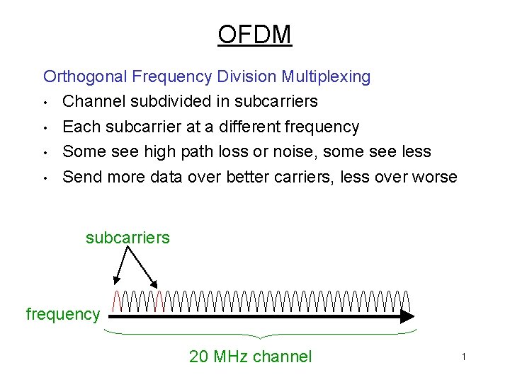 OFDM Orthogonal Frequency Division Multiplexing • Channel subdivided in subcarriers • Each subcarrier at