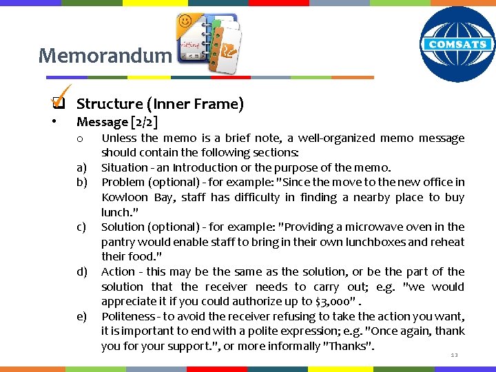 Memorandum q Structure (Inner Frame) • Message [2/2] o a) b) c) d) e)