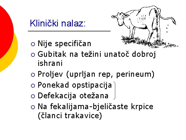 Klinički nalaz: Nije specifičan ¡ Gubitak na težini unatoč dobroj ishrani ¡ Proljev (uprljan