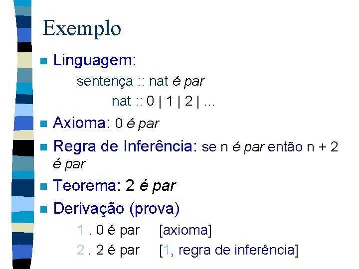 Exemplo n Linguagem: sentença : : nat é par nat : : 0 |