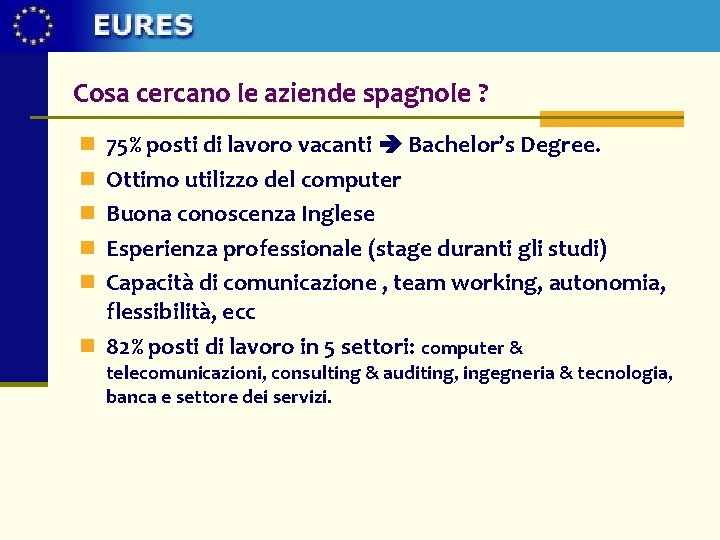 Cosa cercano le aziende spagnole ? n 75% posti di lavoro vacanti Bachelor’s Degree.