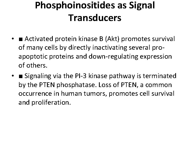 Phosphoinositides as Signal Transducers • ■ Activated protein kinase B (Akt) promotes survival of