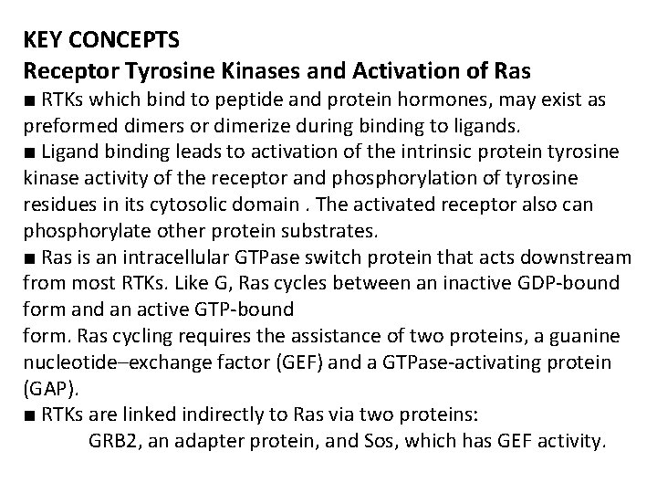 KEY CONCEPTS Receptor Tyrosine Kinases and Activation of Ras ■ RTKs which bind to