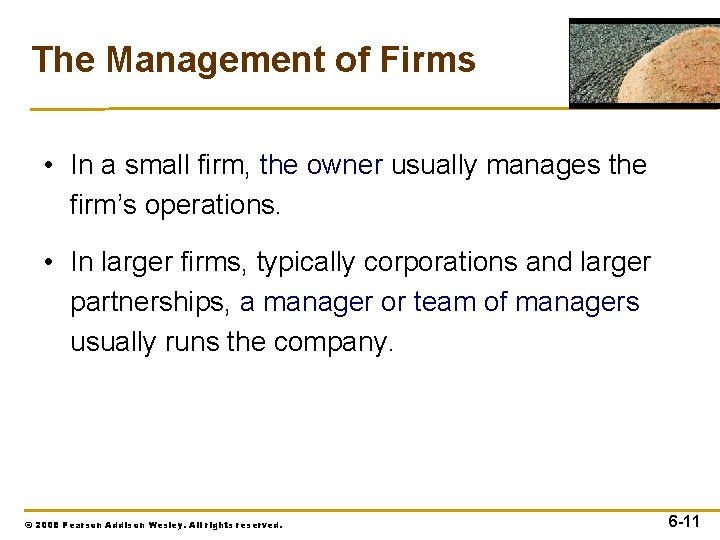 The Management of Firms • In a small firm, the owner usually manages the