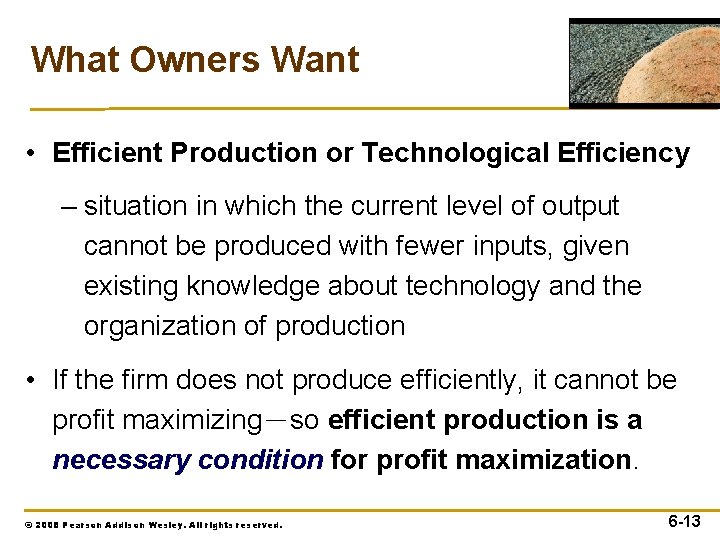 What Owners Want • Efficient Production or Technological Efficiency – situation in which the