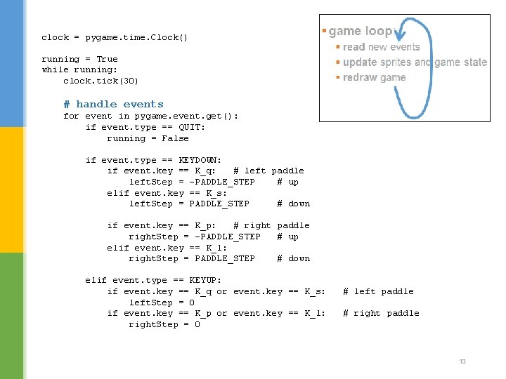 clock = pygame. time. Clock() running = True while running: clock. tick(30) # handle clock = pygame. time. Clock() running = True while running: clock. tick(30) # handle