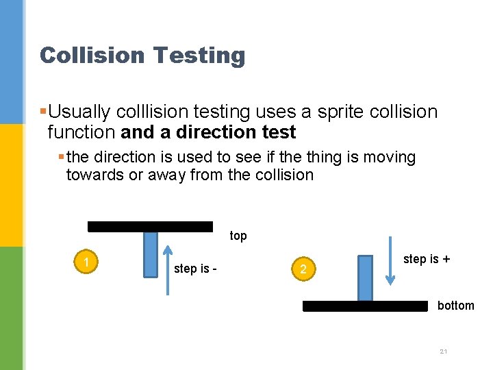 Collision Testing §Usually colllision testing uses a sprite collision function and a direction test Collision Testing §Usually colllision testing uses a sprite collision function and a direction test