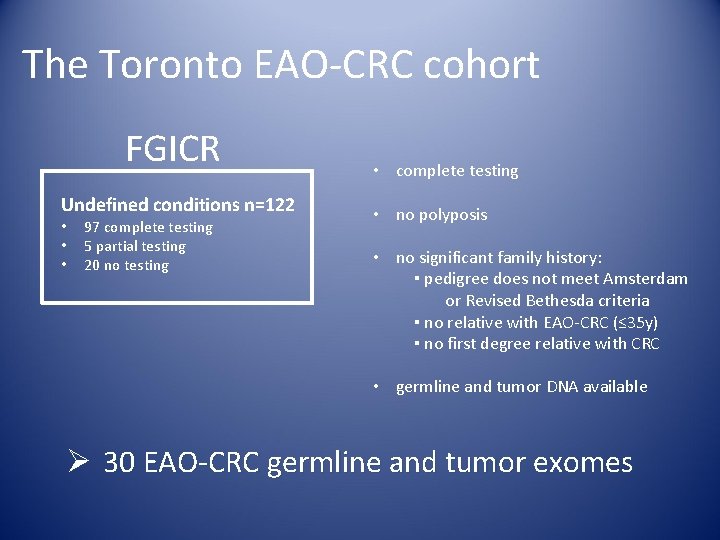 The Toronto EAO-CRC cohort FGICR Undefined conditions n=122 • • • 97 complete testing