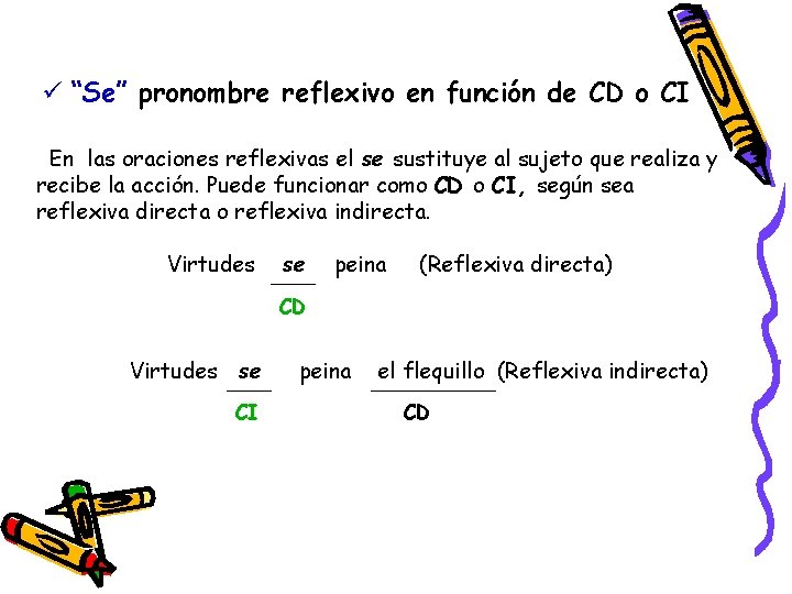 ü “Se” pronombre reflexivo en función de CD o CI En las oraciones reflexivas ü “Se” pronombre reflexivo en función de CD o CI En las oraciones reflexivas