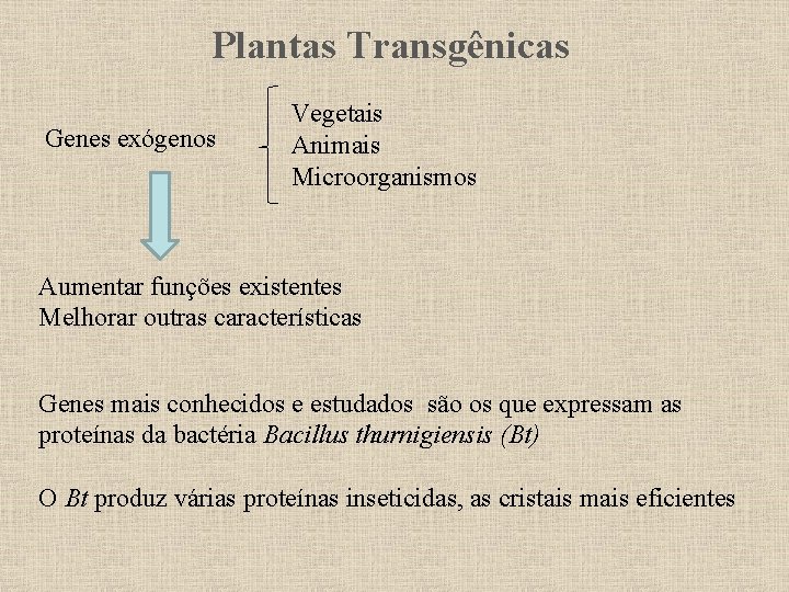 Plantas Transgênicas Genes exógenos Vegetais Animais Microorganismos Aumentar funções existentes Melhorar outras características Genes