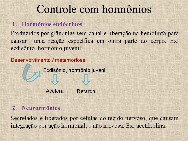 Controle com hormônios 1. Hormônios endócrinos Produzidos por glândulas sem canal e liberação na