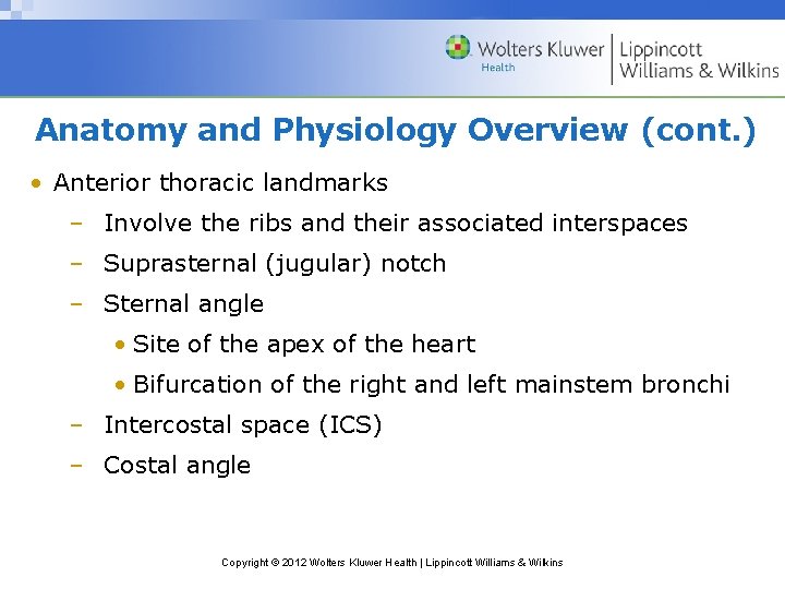 Anatomy and Physiology Overview (cont. ) • Anterior thoracic landmarks – Involve the ribs