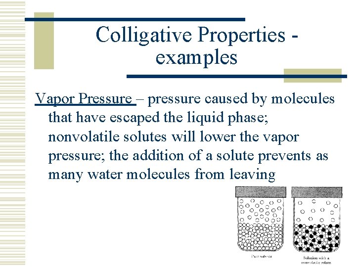Colligative Properties examples Vapor Pressure – pressure caused by molecules that have escaped the