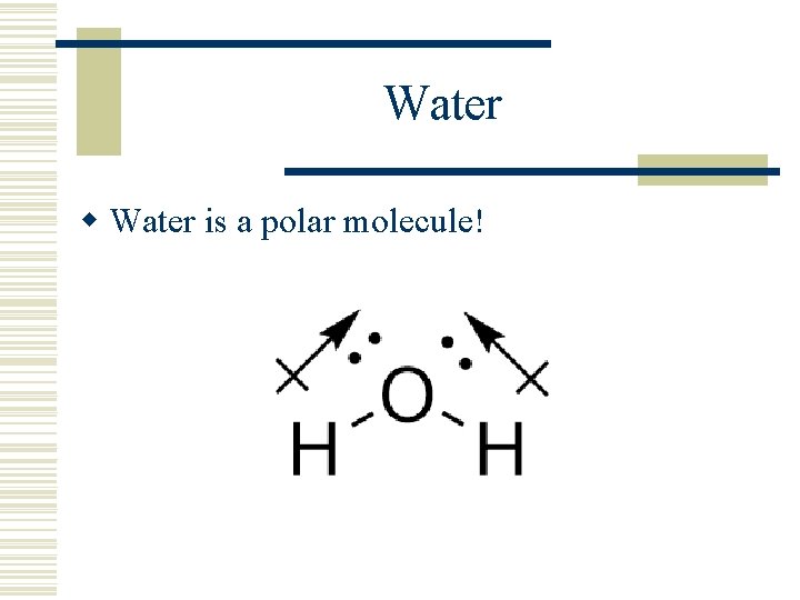 Water w Water is a polar molecule! 
