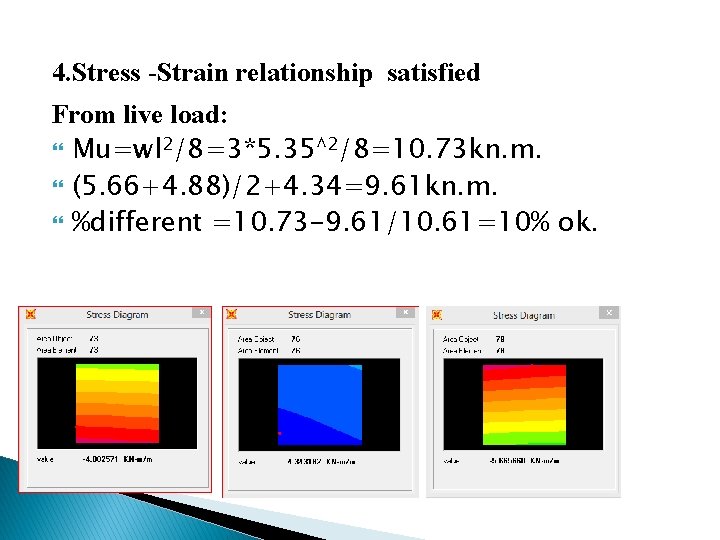 4. Stress -Strain relationship satisfied From live load: Mu=wl 2/8=3*5. 35^2/8=10. 73 kn. m.