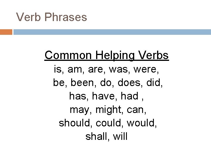 Verb Phrases Common Helping Verbs is, am, are, was, were, been, does, did, has, Verb Phrases Common Helping Verbs is, am, are, was, were, been, does, did, has,