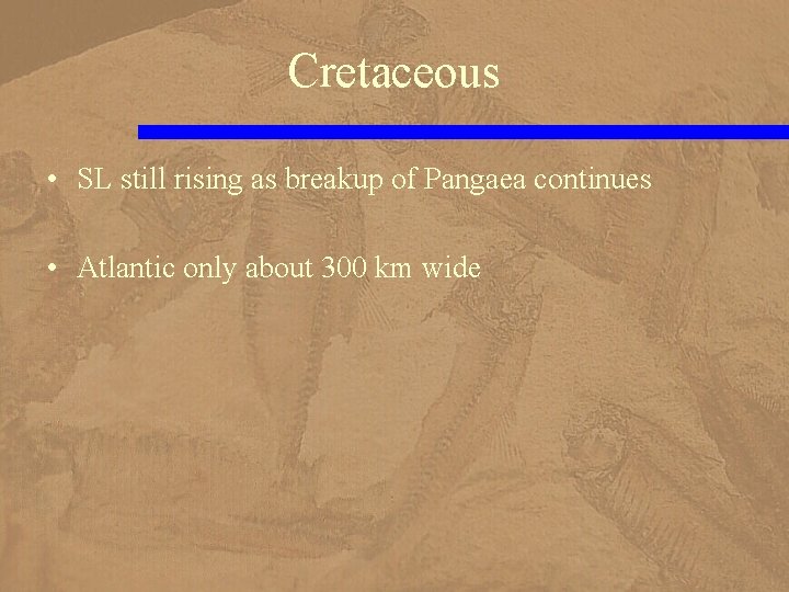 Cretaceous • SL still rising as breakup of Pangaea continues • Atlantic only about