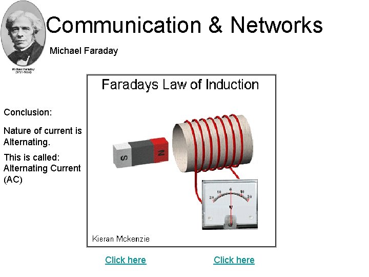Communication & Networks Michael Faraday Conclusion: Nature of current is Alternating. This is called: