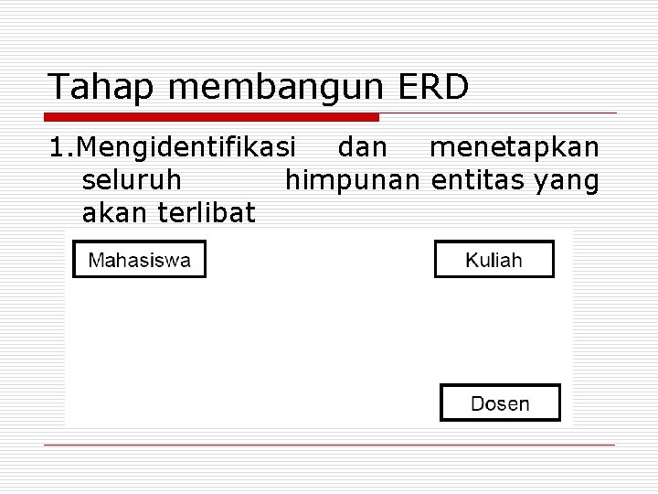 Tahap membangun ERD 1. Mengidentifikasi dan menetapkan seluruh himpunan entitas yang akan terlibat 