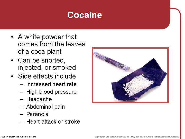 Cocaine • A white powder that comes from the leaves of a coca plant