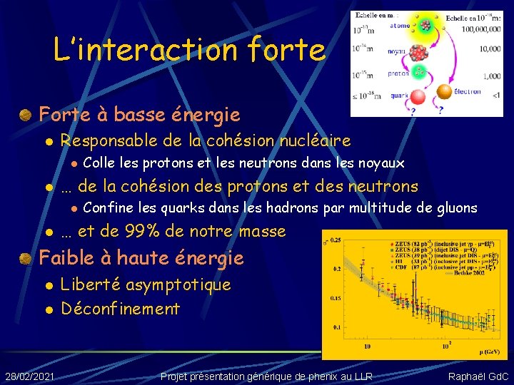 L’interaction forte Forte à basse énergie l Responsable de la cohésion nucléaire l l