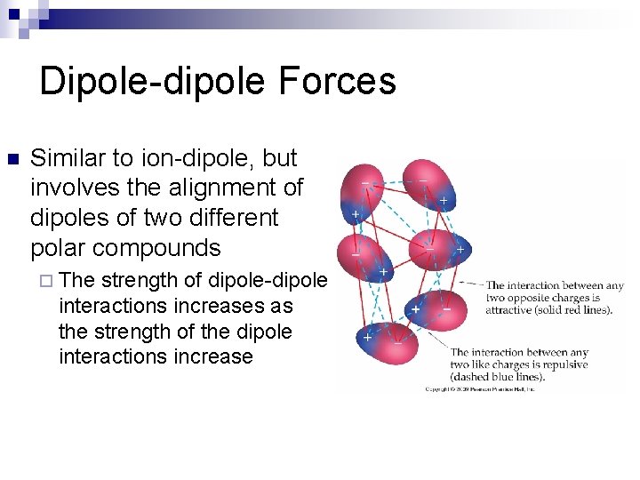 Dipole-dipole Forces n Similar to ion-dipole, but involves the alignment of dipoles of two