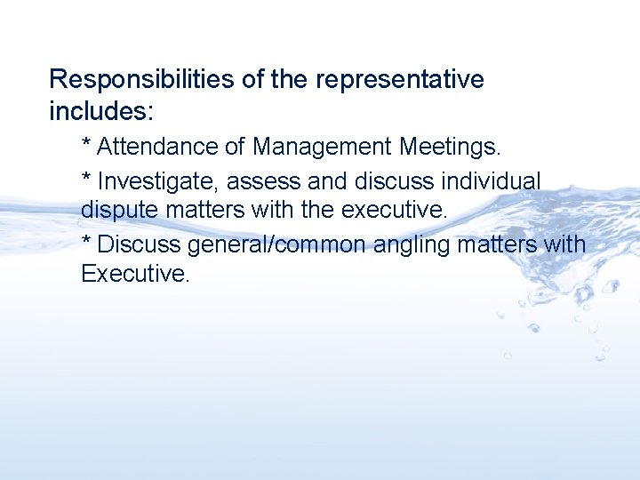 Responsibilities of the representative includes: * Attendance of Management Meetings. * Investigate, assess and