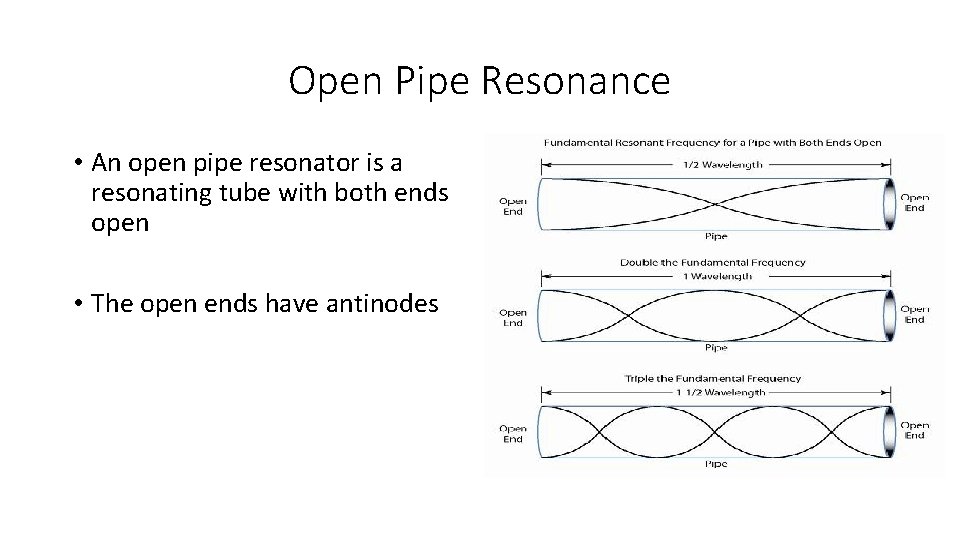 Open Pipe Resonance • An open pipe resonator is a resonating tube with both